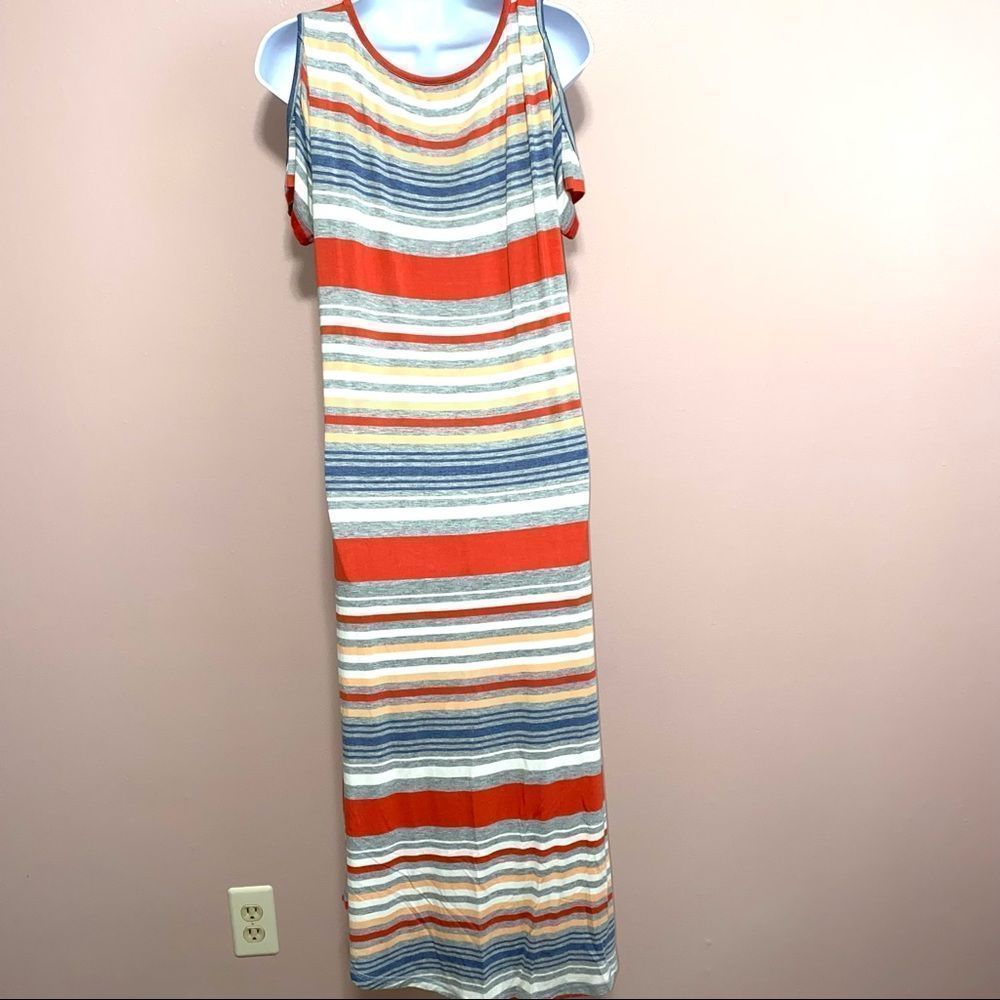 Dress Barn NWT striped high low cold shoulder dress women’s medium - Picture 3 of 7